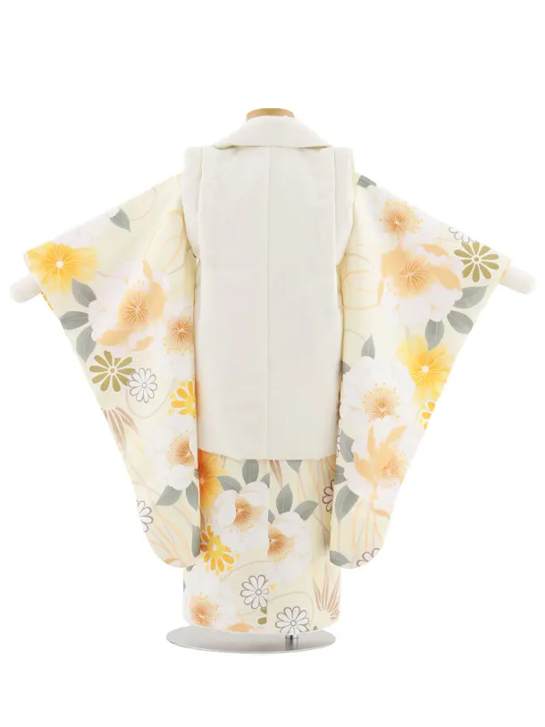 七五三レンタル(3歳女児被布)S080 白×薄黄 牡丹