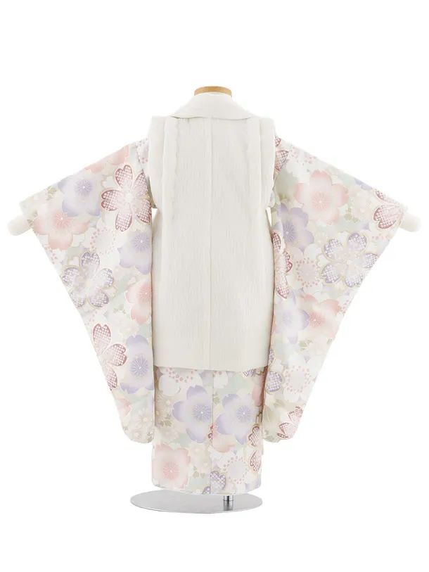 七五三レンタル(3歳女児被布)S081 オフホワイト×ペールグリーン シルバー桜