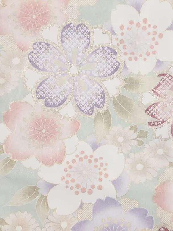 七五三レンタル(3歳女児被布)S081 オフホワイト×ペールグリーン シルバー桜