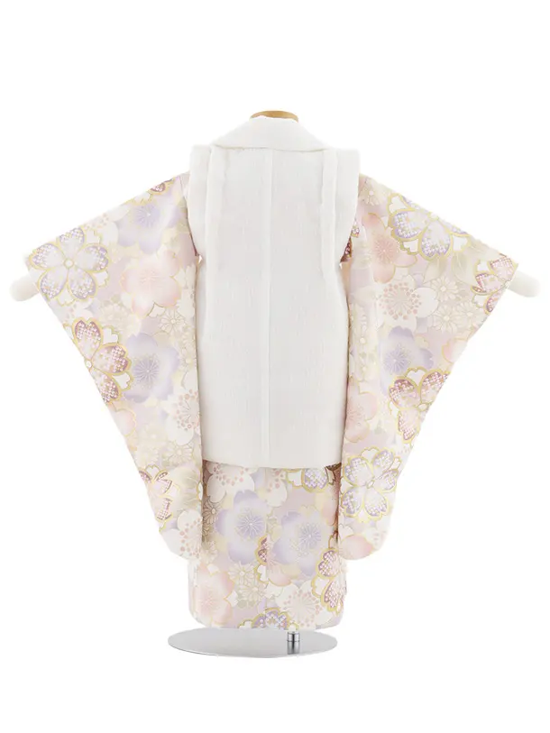 七五三レンタル(3歳女児被布)S085 オフホワイト×ペールパープル ゴールド桜