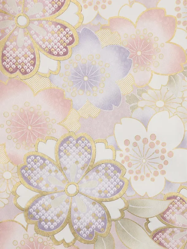 七五三レンタル(3歳女児被布)S085 オフホワイト×ペールパープル ゴールド桜