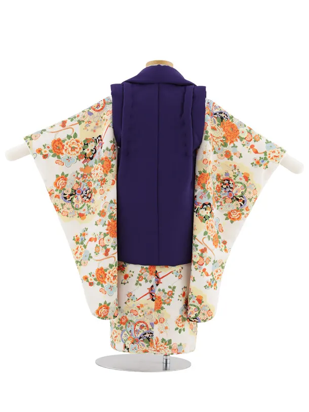 七五三レンタル(3歳女児被布)S095 紫×白地 ちりめん花車に菊