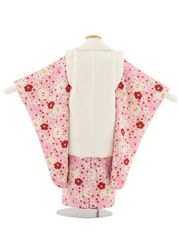 七五三レンタル(3歳女児被布)S097 オフホワイト×ピンク ちりめん椿梅
