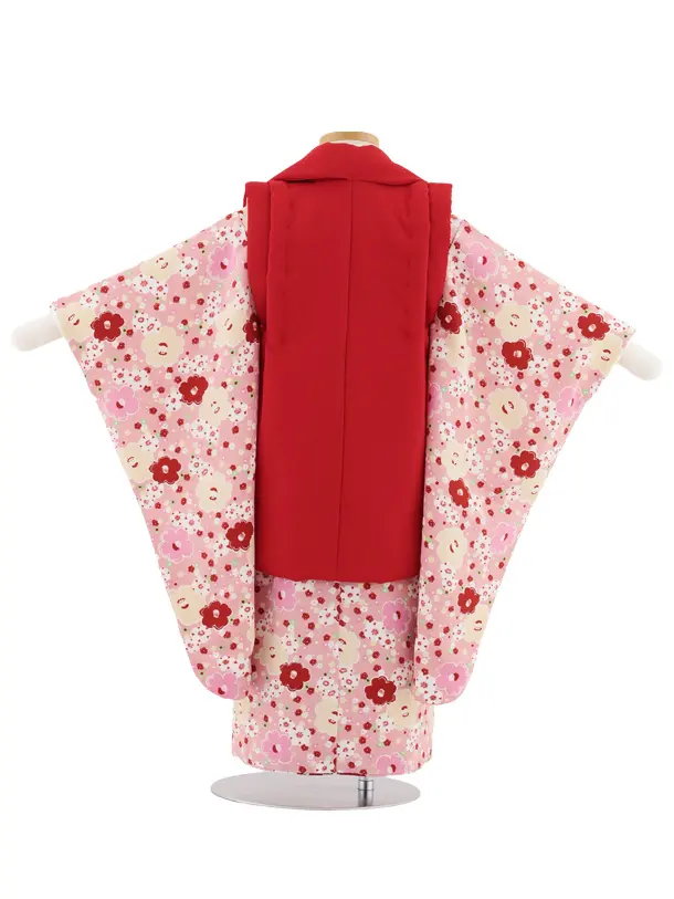 七五三レンタル(3歳女児被布)S099 赤地×ピンク ちりめん椿梅