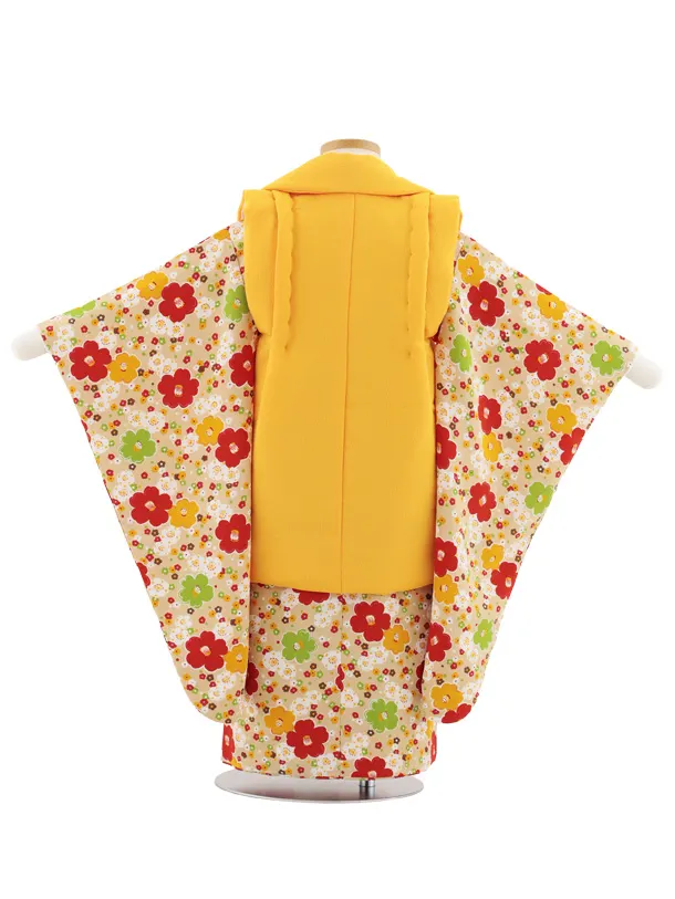七五三レンタル(3歳女児被布)S100 山吹色×ベージュ ちりめん椿梅