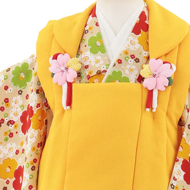 七五三レンタル(3歳女児被布)S100 山吹色×ベージュ ちりめん椿梅