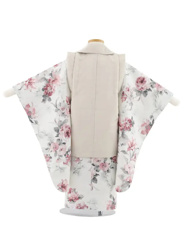 七五三レンタル(3歳女児被布)S106 ベージュ×薄グレー花