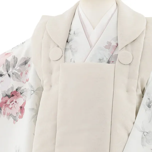 七五三レンタル(3歳女児被布)S106 ベージュ×薄グレー花