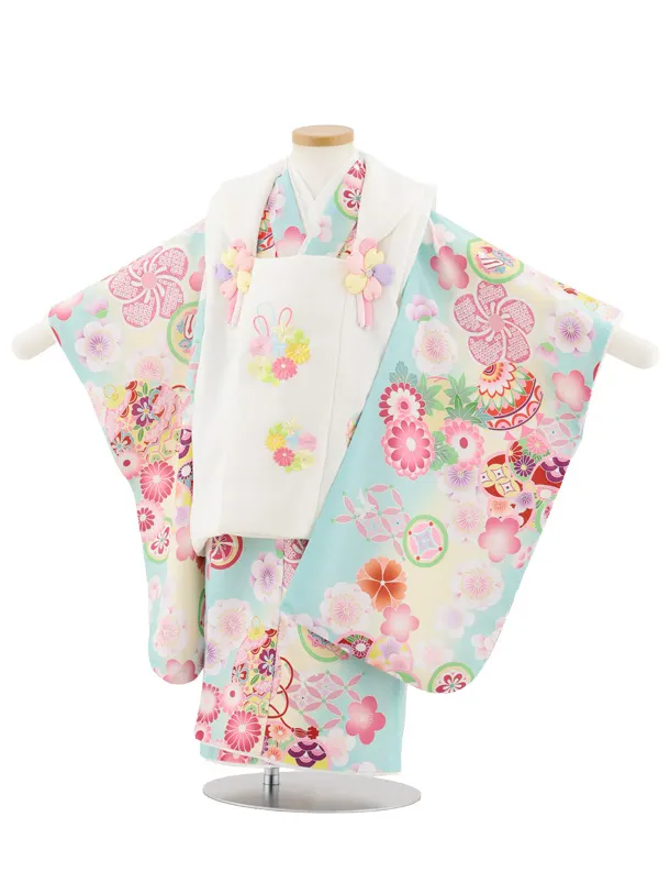 七五三(3歳女児被布)S107 式部浪漫 アイボリー刺繍花×ミントグリーン鞠梅