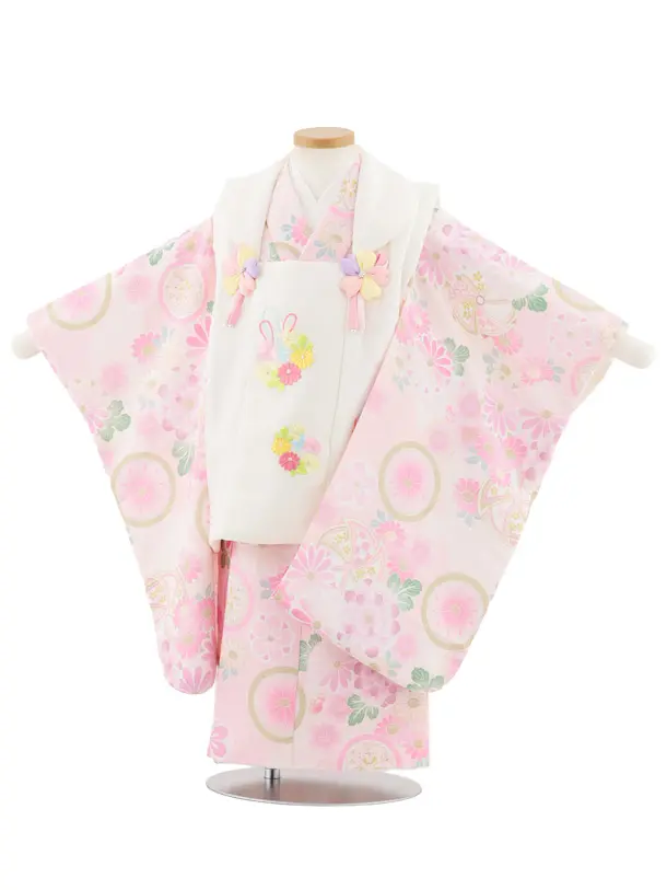 七五三レンタル(3歳女児被布)S108 式部浪漫 アイボリー刺繍花×ピンク丸紋花