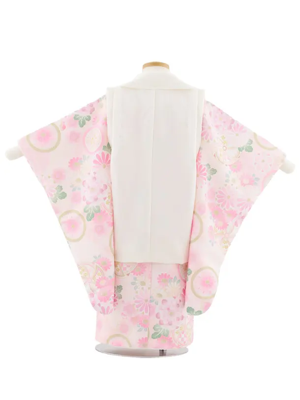 七五三レンタル(3歳女児被布)S108 式部浪漫 アイボリー刺繍花×ピンク丸紋花
