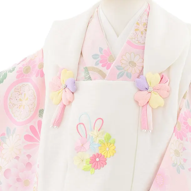七五三レンタル(3歳女児被布)S108 式部浪漫 アイボリー刺繍花×ピンク丸紋花