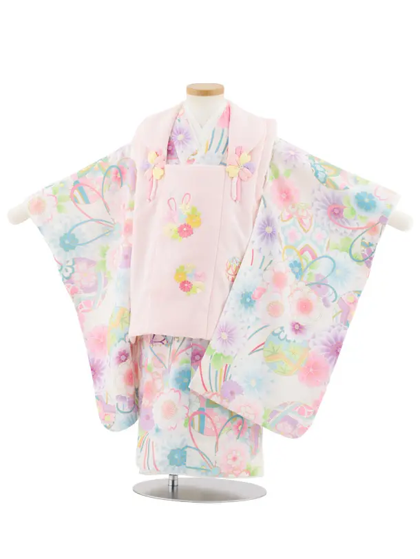 七五三レンタル(3歳女児被布)S109 式部浪漫 ピンク刺繍花×白地 菊に鞠