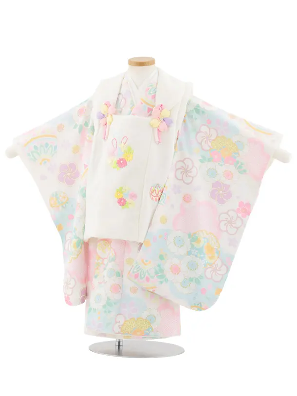 七五三レンタル(3歳女児被布)S110 式部浪漫 アイボリー刺繍花×鞠と花
