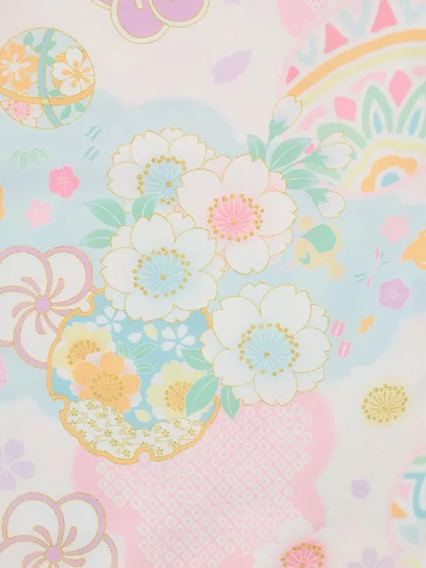 七五三レンタル(3歳女児被布)S110 式部浪漫 アイボリー刺繍花×鞠と花