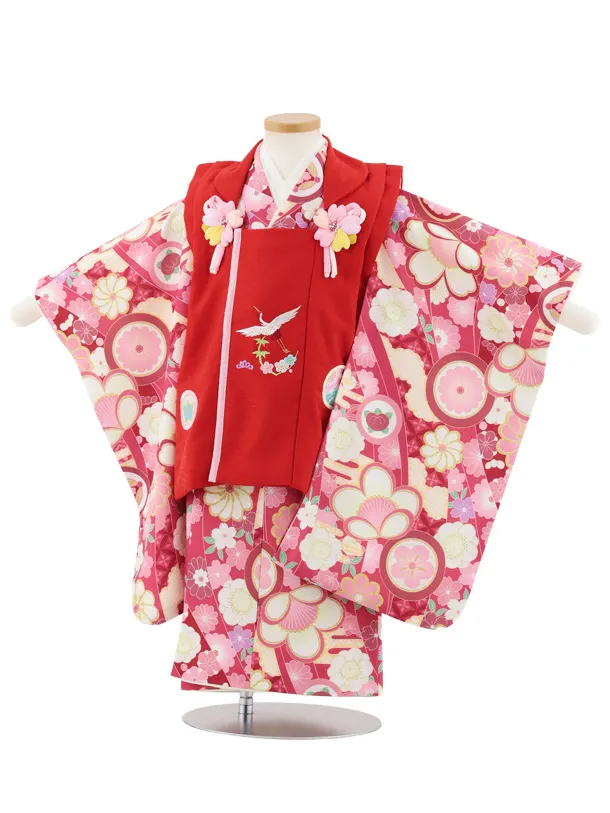 七五三レンタル(3歳女児被布)S112 式部浪漫 赤刺繍鶴×ローズピンク花と丸紋