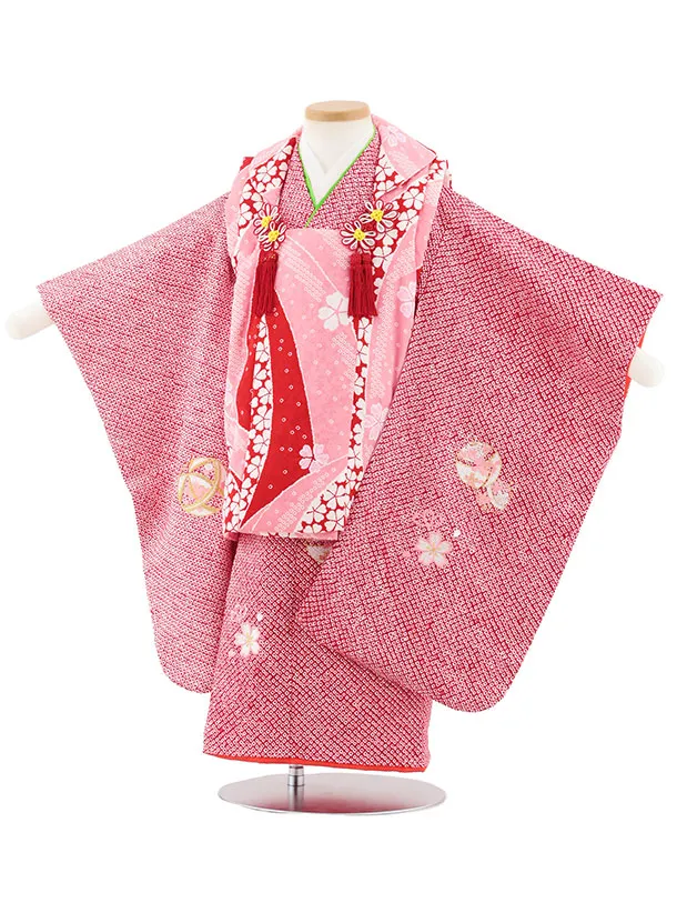 七五三レンタル(3歳女児被布)S116【正絹】ピンク×赤絞り刺繍鈴