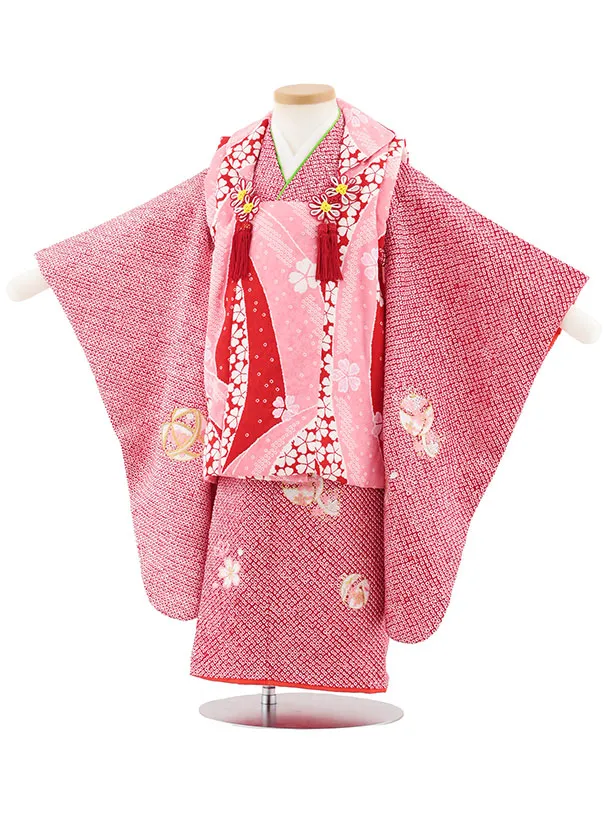 七五三レンタル(3歳女児被布)S116【正絹】ピンク×赤絞り刺繍鈴