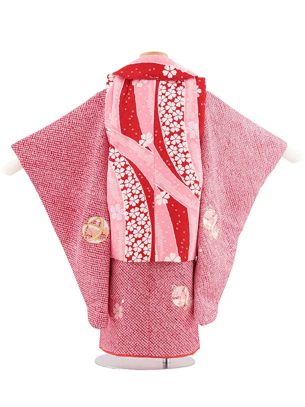 七五三レンタル(3歳女児被布)S116【正絹】ピンク×赤絞り刺繍鈴