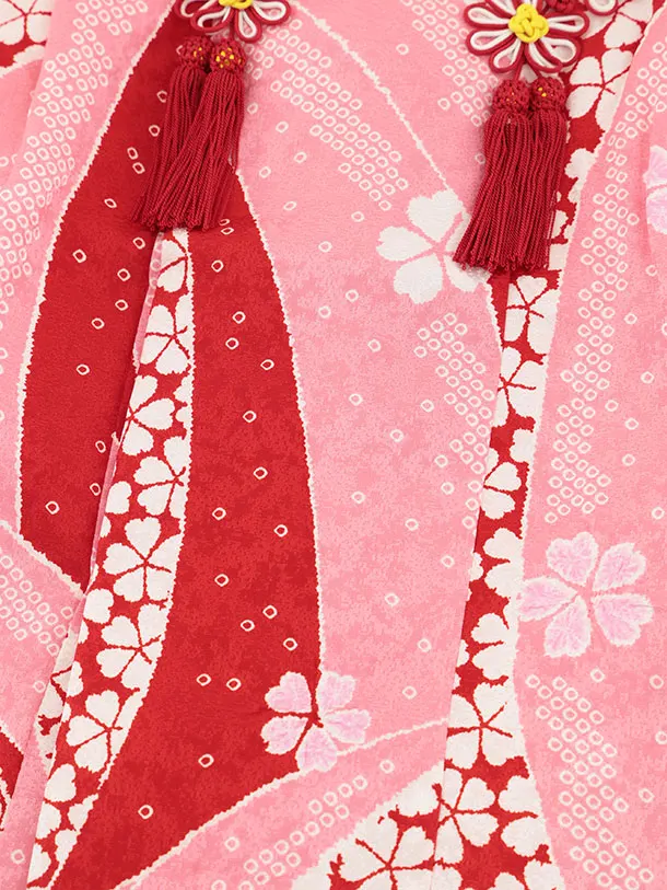 七五三レンタル(3歳女児被布)S116【正絹】ピンク×赤絞り刺繍鈴