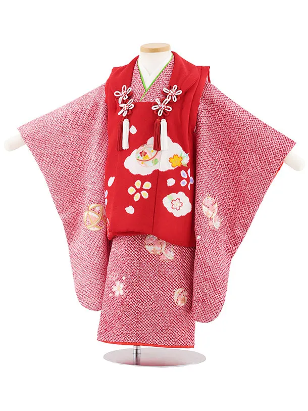 七五三レンタル(3歳女児被布)S117【正絹】赤刺繍鞠×赤絞り刺繍鈴
