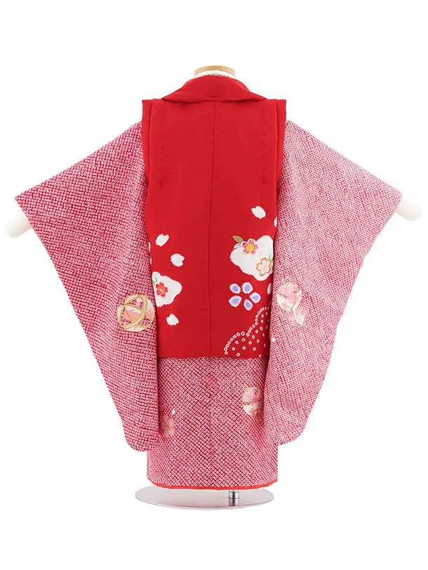 七五三レンタル(3歳女児被布)S117【正絹】赤刺繍鞠×赤絞り刺繍鈴