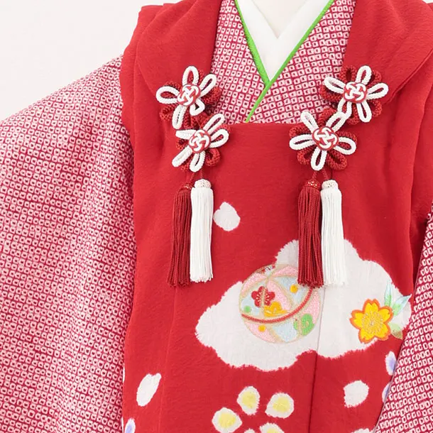七五三レンタル(3歳女児被布)S117【正絹】赤刺繍鞠×赤絞り刺繍鈴