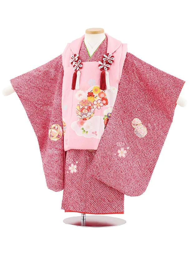 七五三レンタル(3歳女児被布)S118【正絹】ピンク花鞠×赤絞り刺繍鞠