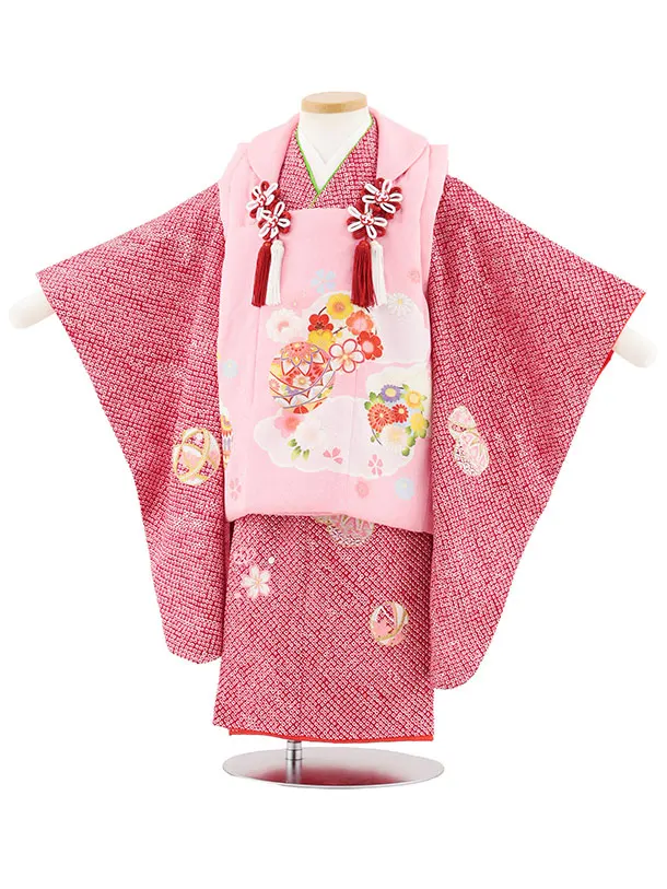 七五三レンタル(3歳女児被布)S118【正絹】ピンク花鞠×赤絞り刺繍鞠