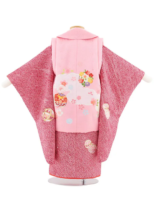 七五三レンタル(3歳女児被布)S118【正絹】ピンク花鞠×赤絞り刺繍鞠