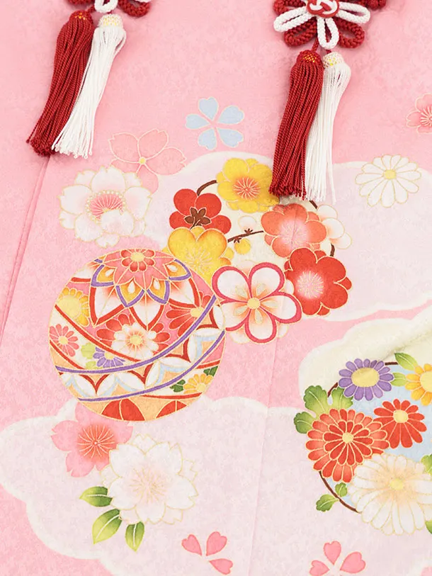 七五三レンタル(3歳女児被布)S118【正絹】ピンク花鞠×赤絞り刺繍鞠