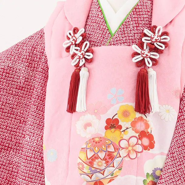 七五三レンタル(3歳女児被布)S118【正絹】ピンク花鞠×赤絞り刺繍鞠