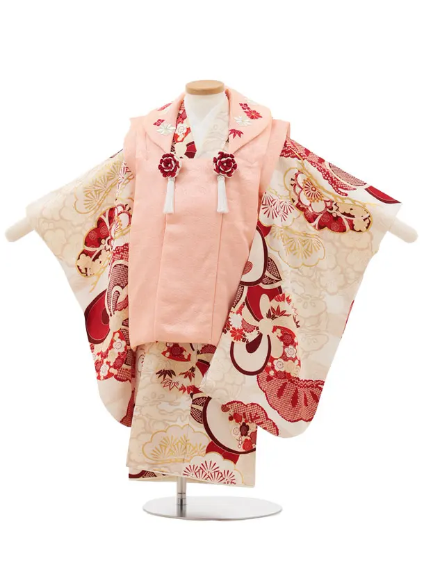 七五三レンタル(3歳女児被布)S120【正絹】紅一点 ピンク×白 捻り梅に橘
