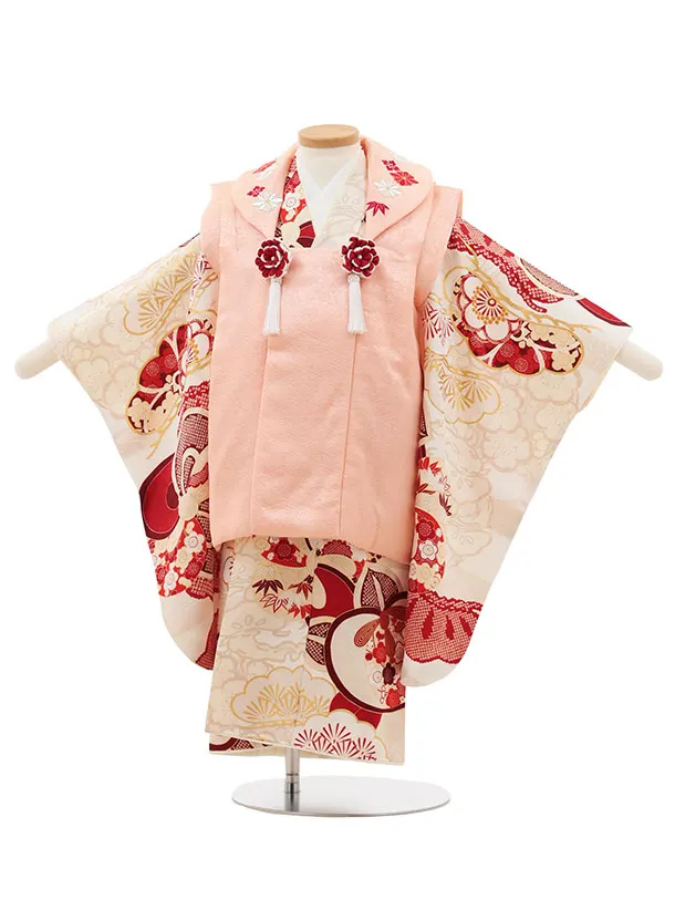 七五三レンタル(3歳女児被布)S120【正絹】紅一点 ピンク×白 捻り梅に橘