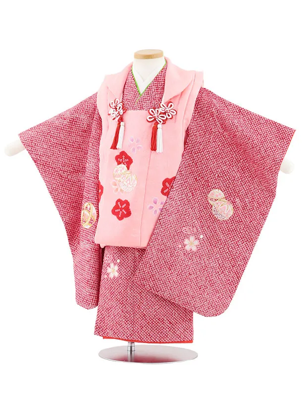 七五三レンタル(3歳女児被布)S122【正絹】ピンク刺繍マリ×赤絞り刺繍マリ