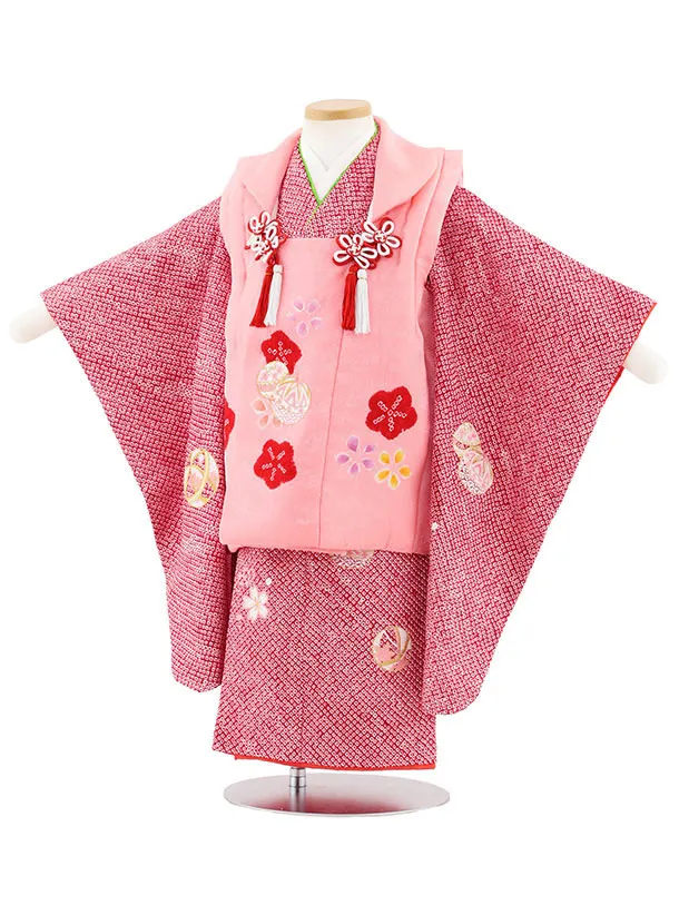 七五三レンタル(3歳女児被布)S122【正絹】ピンク刺繍マリ×赤絞り刺繍マリ