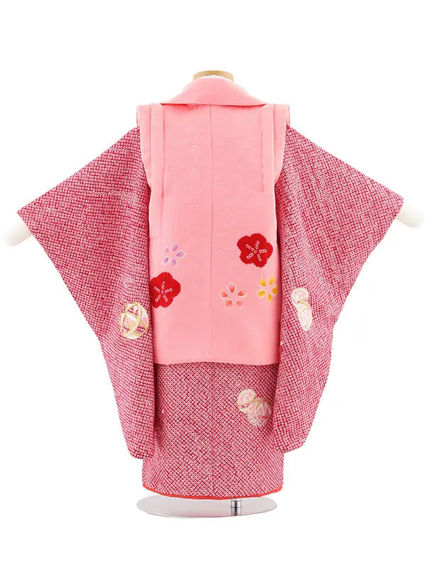 七五三レンタル(3歳女児被布)S122【正絹】ピンク刺繍マリ×赤絞り刺繍マリ