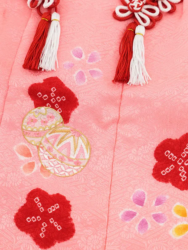 七五三レンタル(3歳女児被布)S122【正絹】ピンク刺繍マリ×赤絞り刺繍マリ