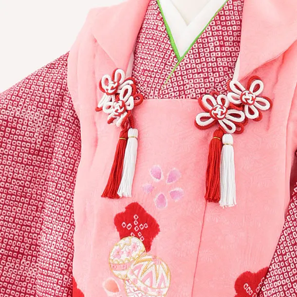 七五三レンタル(3歳女児被布)S122【正絹】ピンク刺繍マリ×赤絞り刺繍マリ