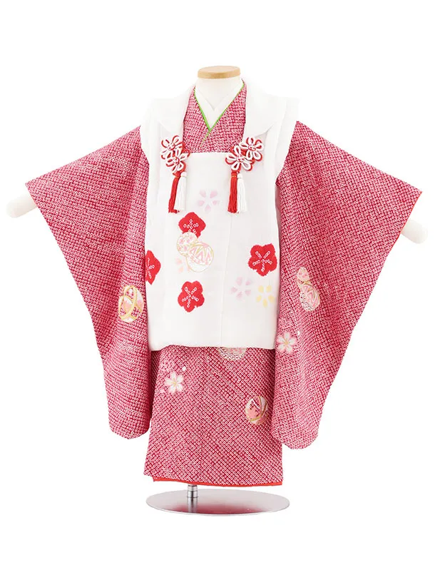 七五三レンタル(3歳女児被布)S123【正絹】白刺繍ピンクまり×赤絞り刺繍まり