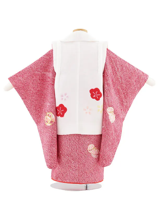 七五三レンタル(3歳女児被布)S123【正絹】白刺繍ピンクまり×赤絞り刺繍まり