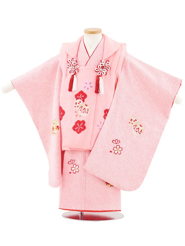 七五三(3歳女児被布)S124【正絹】ピンク刺繍赤まり×ピンク絞り刺繍まり