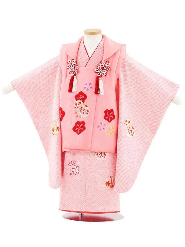 七五三(3歳女児被布)S124【正絹】ピンク刺繍赤まり×ピンク絞り刺繍まり