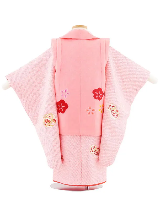 七五三(3歳女児被布)S124【正絹】ピンク刺繍赤まり×ピンク絞り刺繍まり