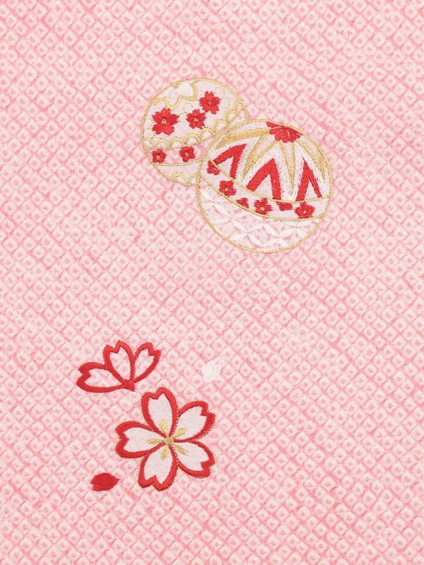 七五三(3歳女児被布)S124【正絹】ピンク刺繍赤まり×ピンク絞り刺繍まり