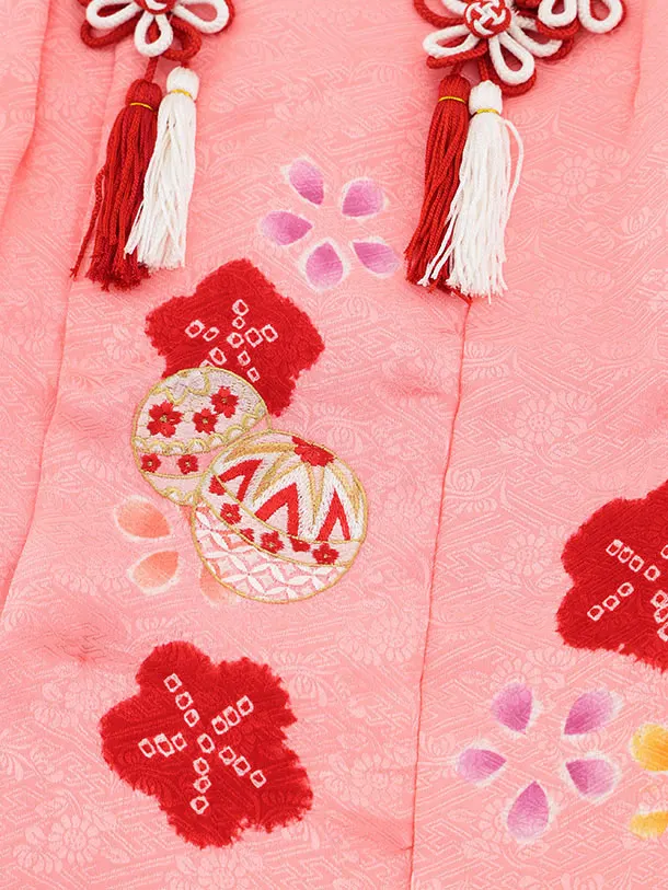 七五三(3歳女児被布)S124【正絹】ピンク刺繍赤まり×ピンク絞り刺繍まり