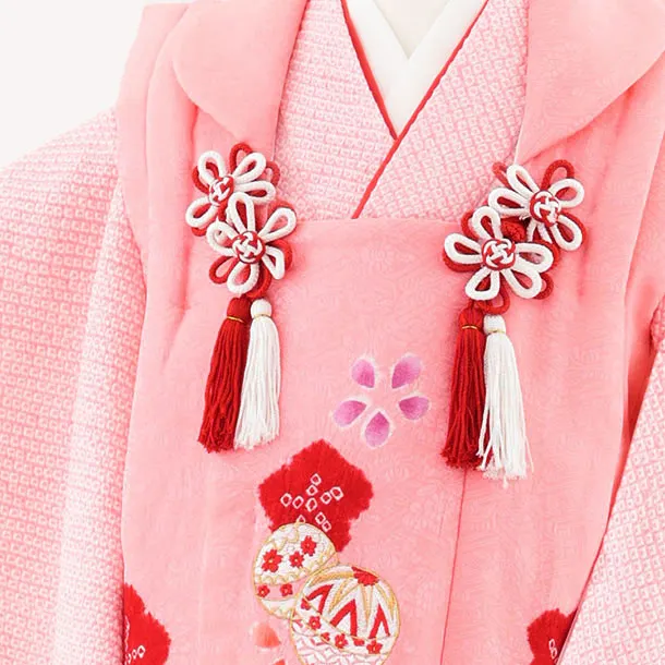 七五三(3歳女児被布)S124【正絹】ピンク刺繍赤まり×ピンク絞り刺繍まり