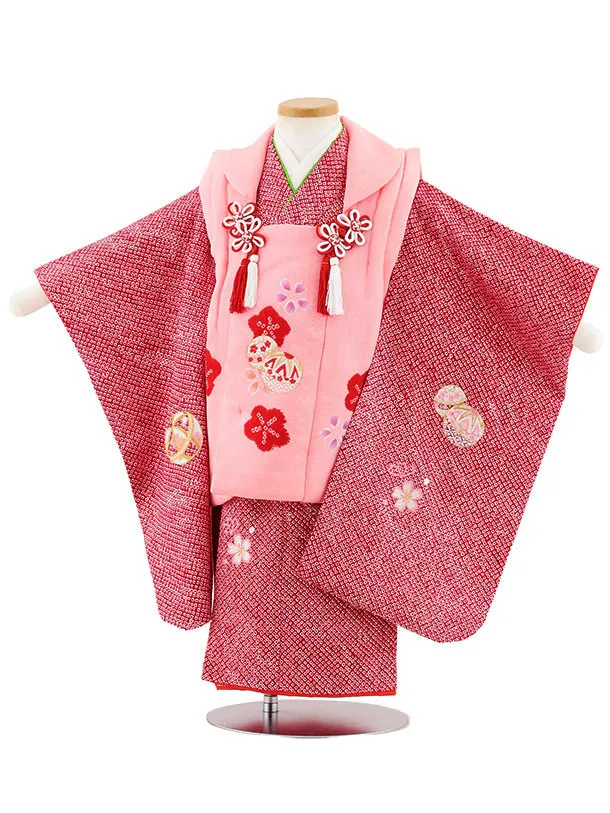 七五三レンタル(3歳女児被布)S125【正絹】ピンク刺繍赤まり×赤絞り刺繍まり