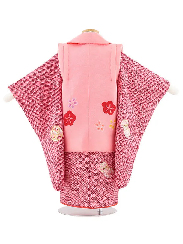 七五三レンタル(3歳女児被布)S125【正絹】ピンク刺繍赤まり×赤絞り刺繍まり