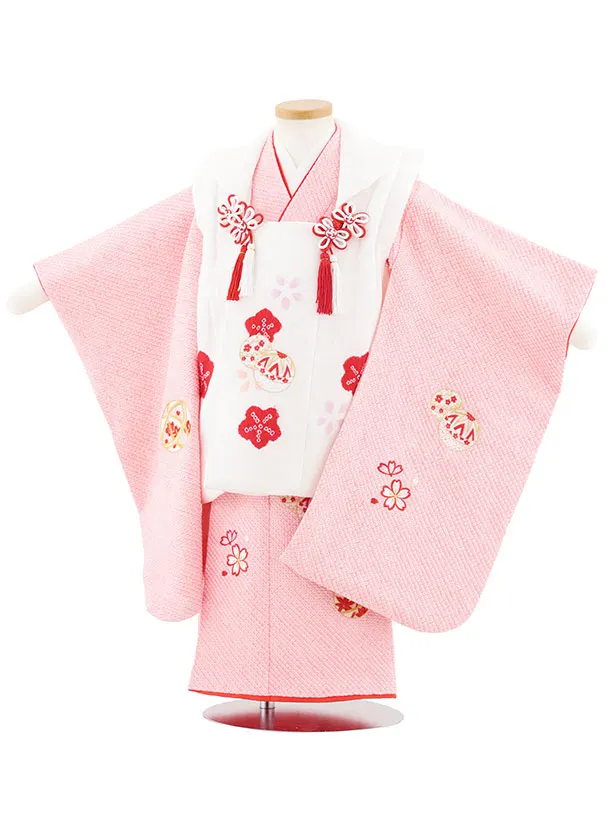 七五三レンタル(3歳女児被布)S126【正絹】白刺繍赤まり×ピンク絞り刺繍まり